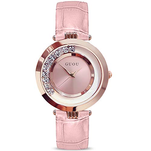 RORIOS腕時計 腕時計レディース ファッション転がるダイヤ装飾時計 レディース レザーバンド ウォッチ クォーツ アナログ表示 カジュアル 宴会 ビジネス 女性用 watch for women ピンク